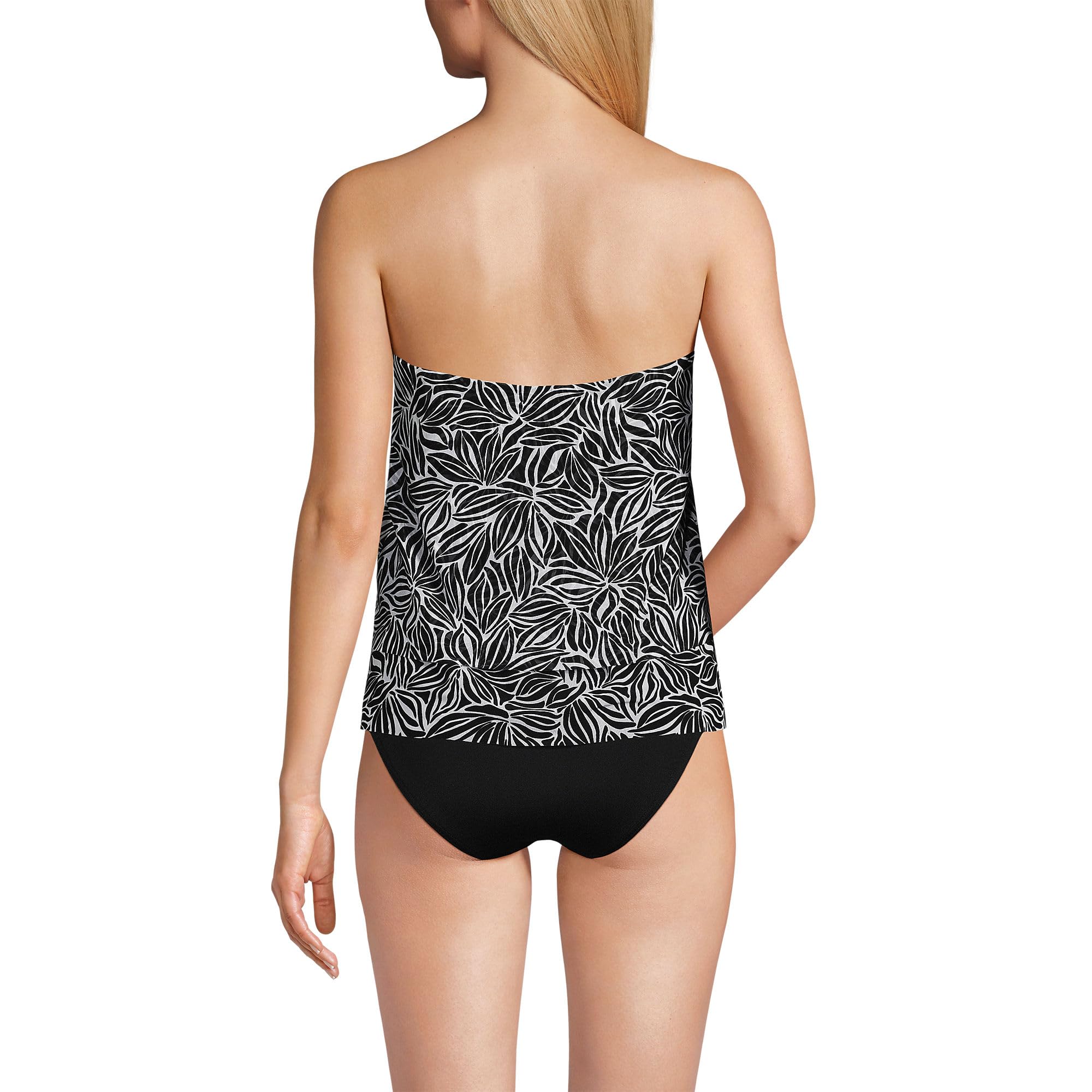 Lands' End Women's Chlorine Resistant Mesh Bandeau High Leg Fauxkini One Piece Swimsuit 2 Black/White Abstract Floral
