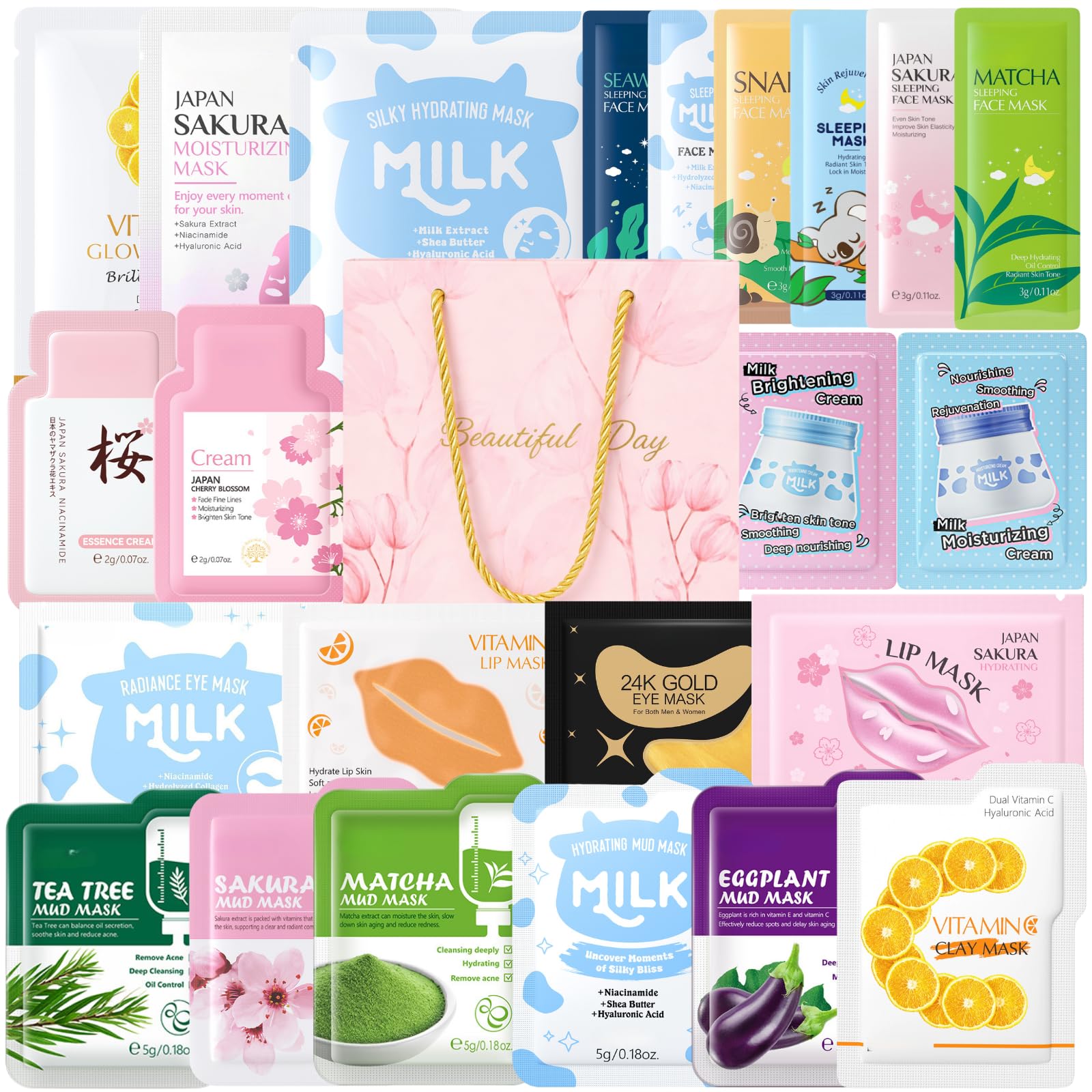 Face Mask Skincare Set,24 Pcs Pamper Gifts for WomenGifts - Skincare Set with Face Mask,&Cream,Lip Masks,Eye Patch,Care Package Gift Sets for Women Girlfriend,Moisturising,Nourish (Multiset 24PCS)