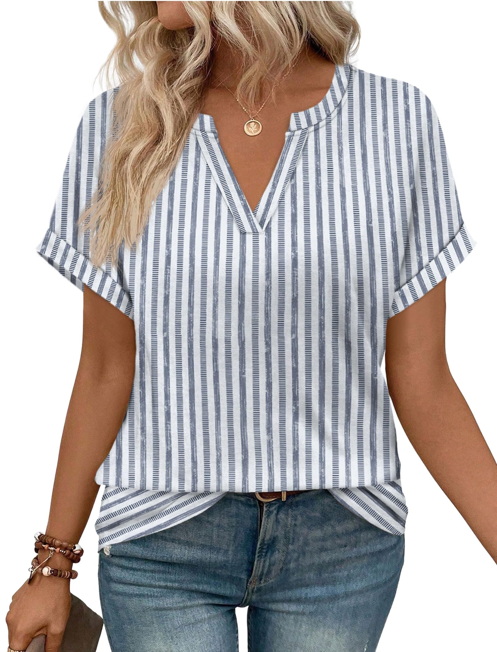 WIHOLL Womens Boho Tops 2026 Summer Short Sleeve Tshirts Shirts Spring Dressy Casual Blouses Airport Trendy Outfits L Blue Stripe