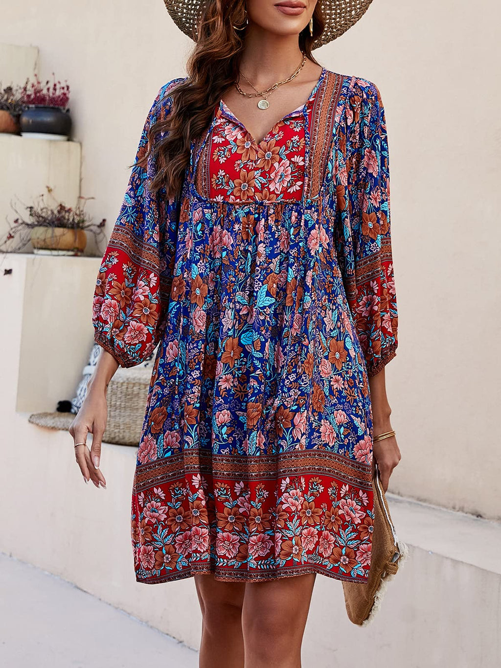 Qearal Womens Dresses Summer Floral Printed Tunic Dress 3/4 Sleeve Cover Up Dress Dark Blue XL