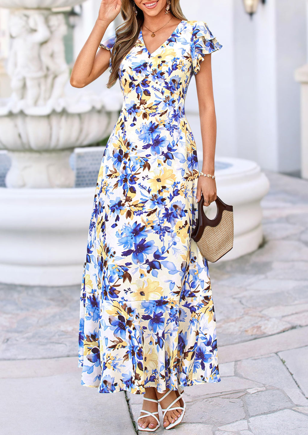 PRETTYGARDEN Floral Dress for Women 2026 Summer Boho Ruffle Flowy Cocktail Beach Spring Wedding Guest Maxi Long Dresses(Floral Beige Blue,Large)