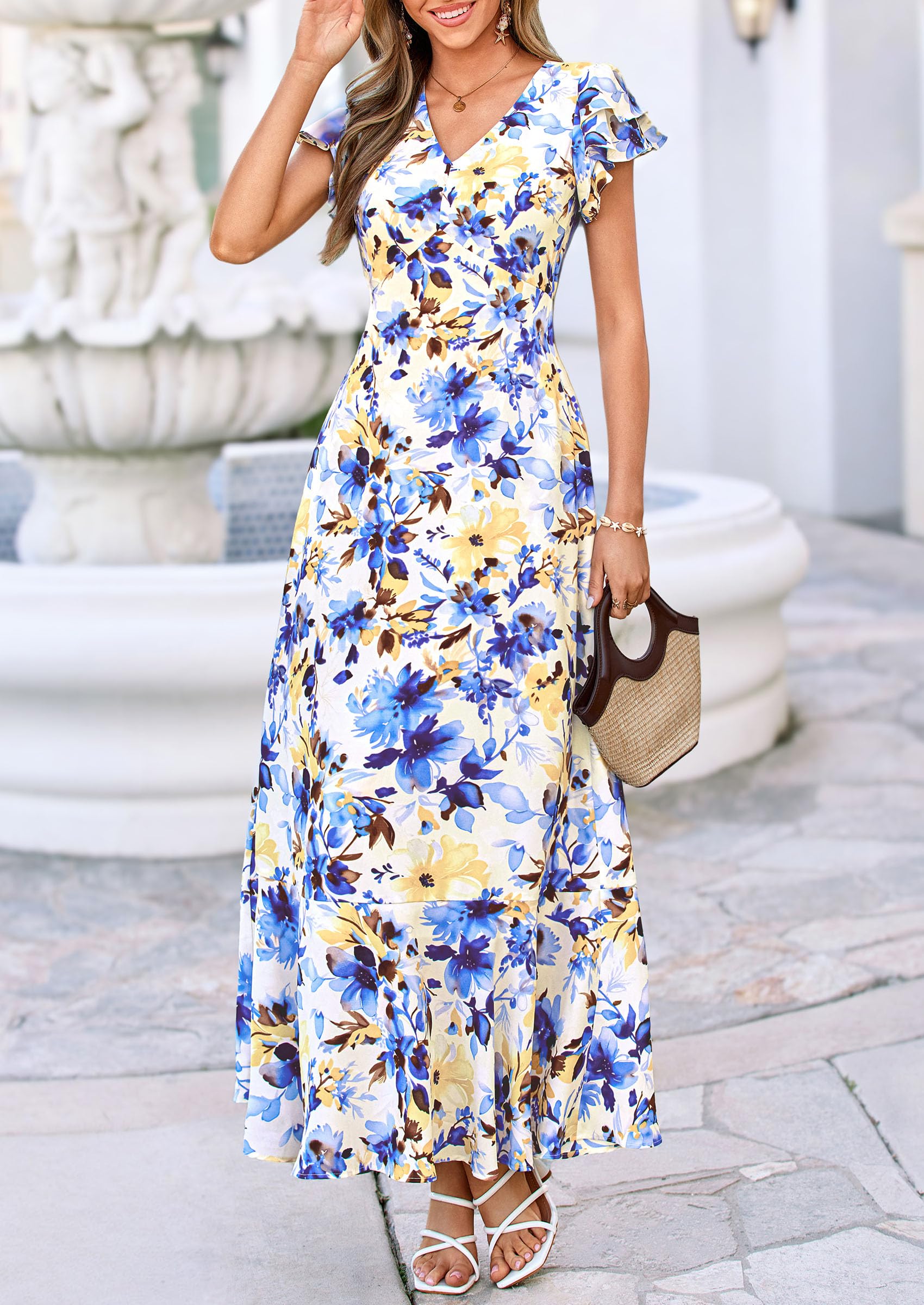 PRETTYGARDEN Floral Dress for Women 2026 Summer Boho Ruffle Flowy Cocktail Beach Spring Wedding Guest Maxi Long Dresses(Floral Beige Blue,Large)