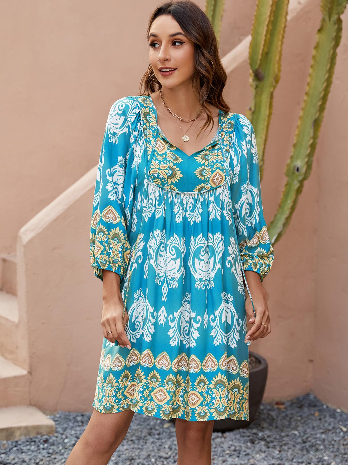 Qearal Loose Dress for Women Spring Summer Cute Floral Dress Casual Boho 3/4 Sleeve Fall Dresses Lake Blue XL