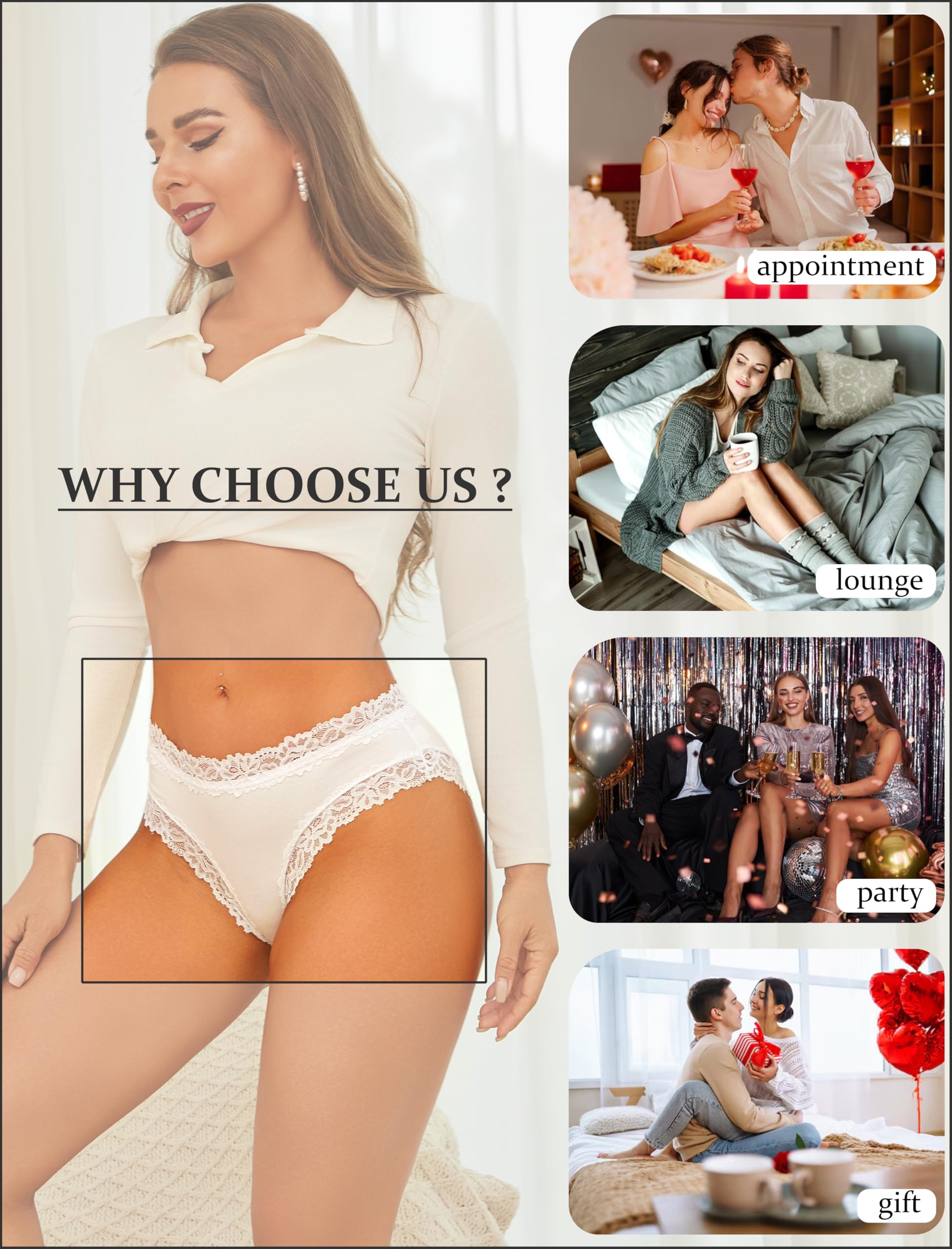 ALL OF SHE Womens Cotton Underwear Cheeky Bikini Panties Sexy Lace Briefs Soft Stretch Lingerie for Ladies Underwear Pack 6