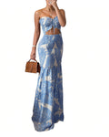 CHICME Floral Printed Prom Dress Drawstring Ruched Shirred Bandeau Party Dress Slim Fit Ruffle Hem Wedding Guest Dresses Blue-S
