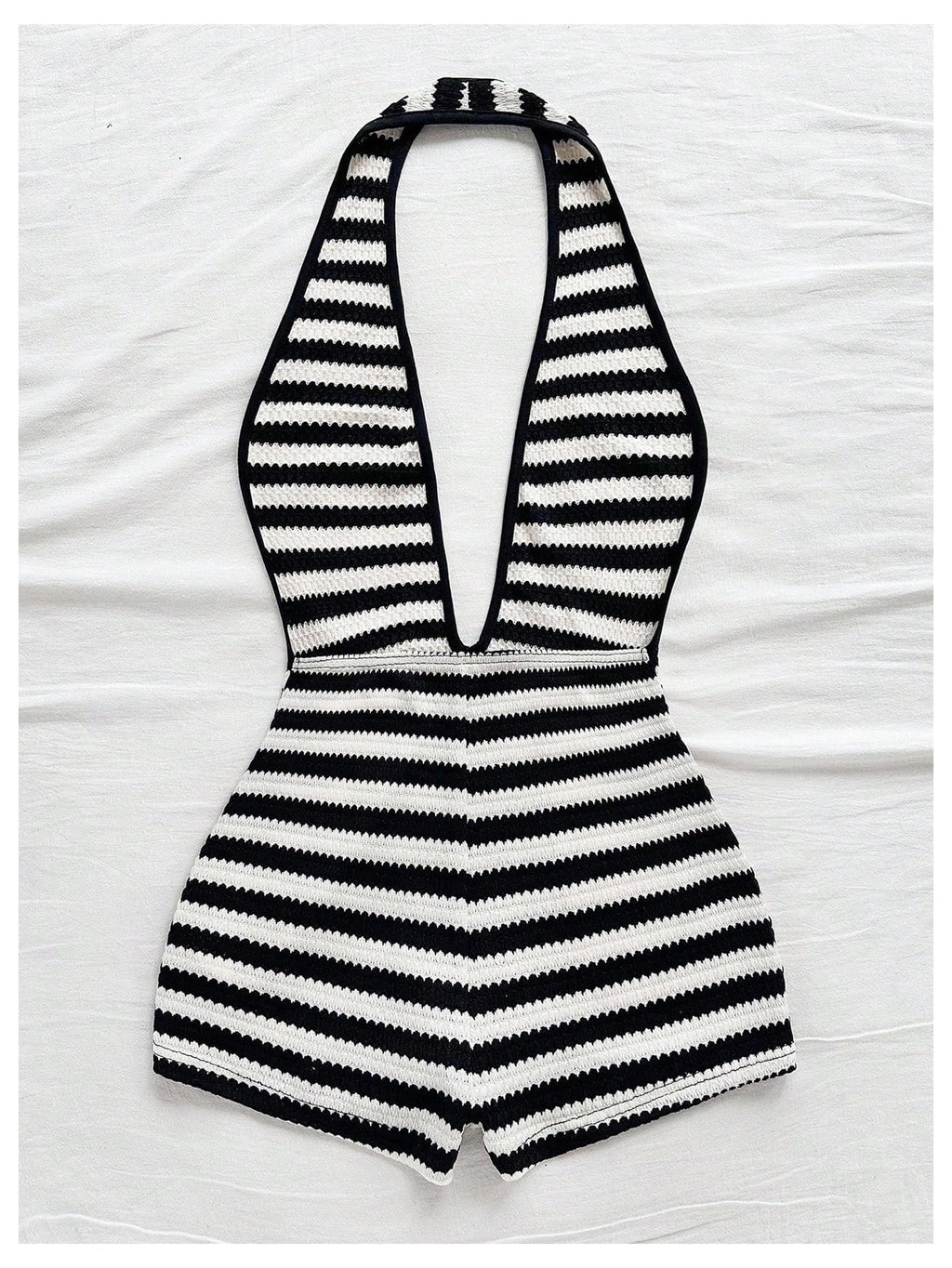 WDIRARA Women's Striped Textured Backless Halter Jumpsuits Deep V Neck Sleeveless One Piece Romper Black and White Small