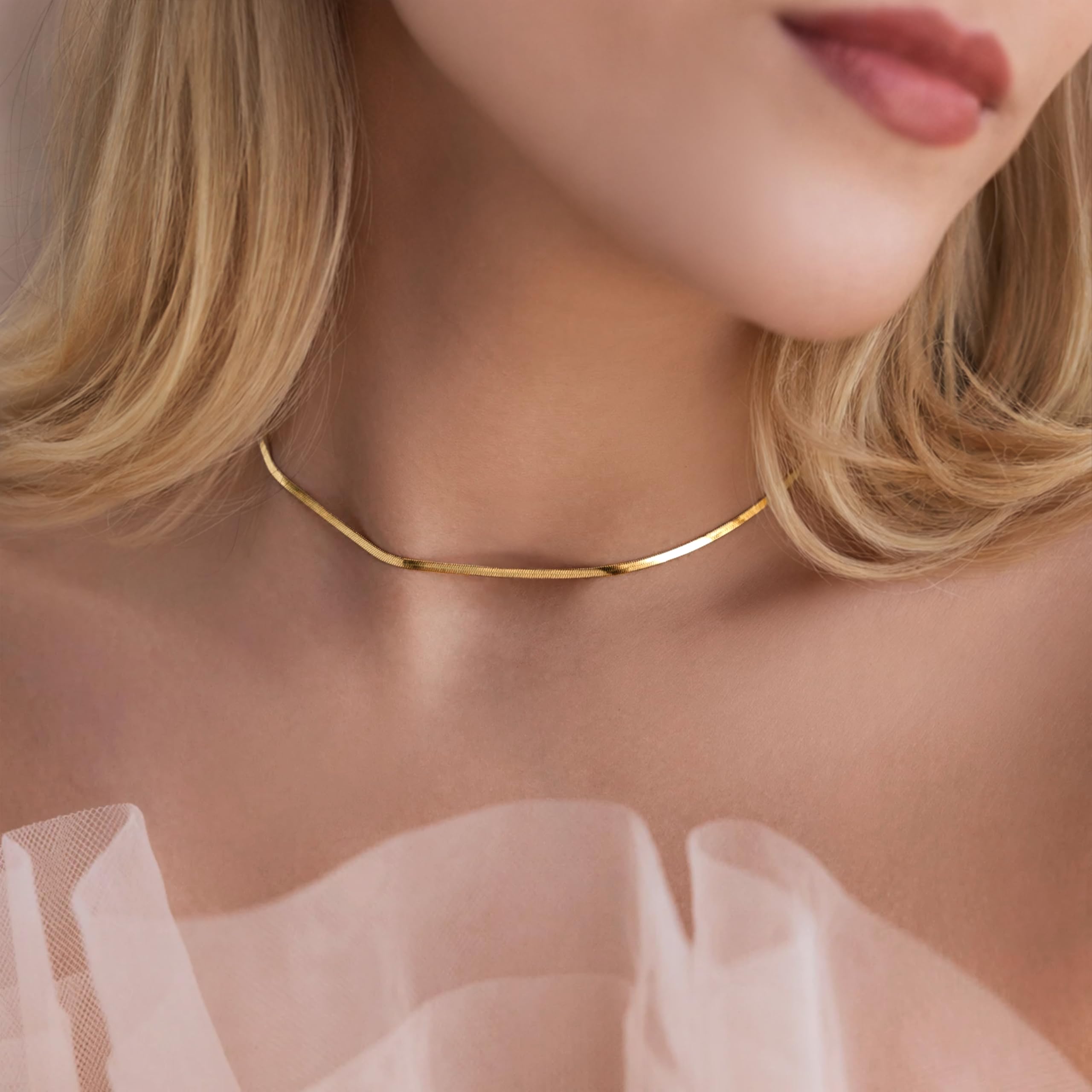 WomenGifts 14K Gold Plated Snake Chain Necklace for Women Men, 316L Stainless Steel Herringbone Flat Link Chain, Waterproof Non-Tarnish High Polished Jewelry, Minimalist Layering Choker for Gift