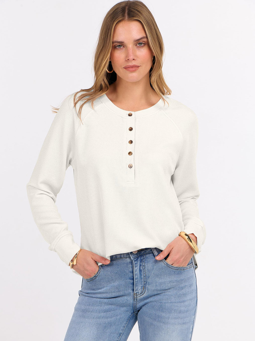 ANRABESS Women's Long Sleeve Waffle Knit Shirts Dressy Casual Loose Button Up V Neck Henley Tops 2026 Fall Basic Tee Blouse Beige Large