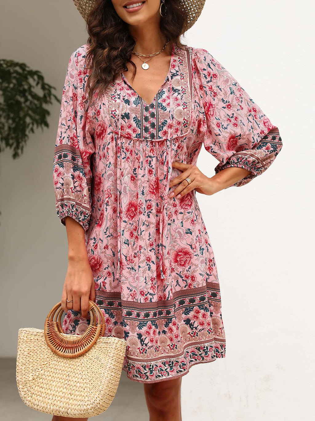 Qearal Boho Dress for Women Summer Casual Cute V Neck 3/4 Sleeve Mini Dress Pink XL