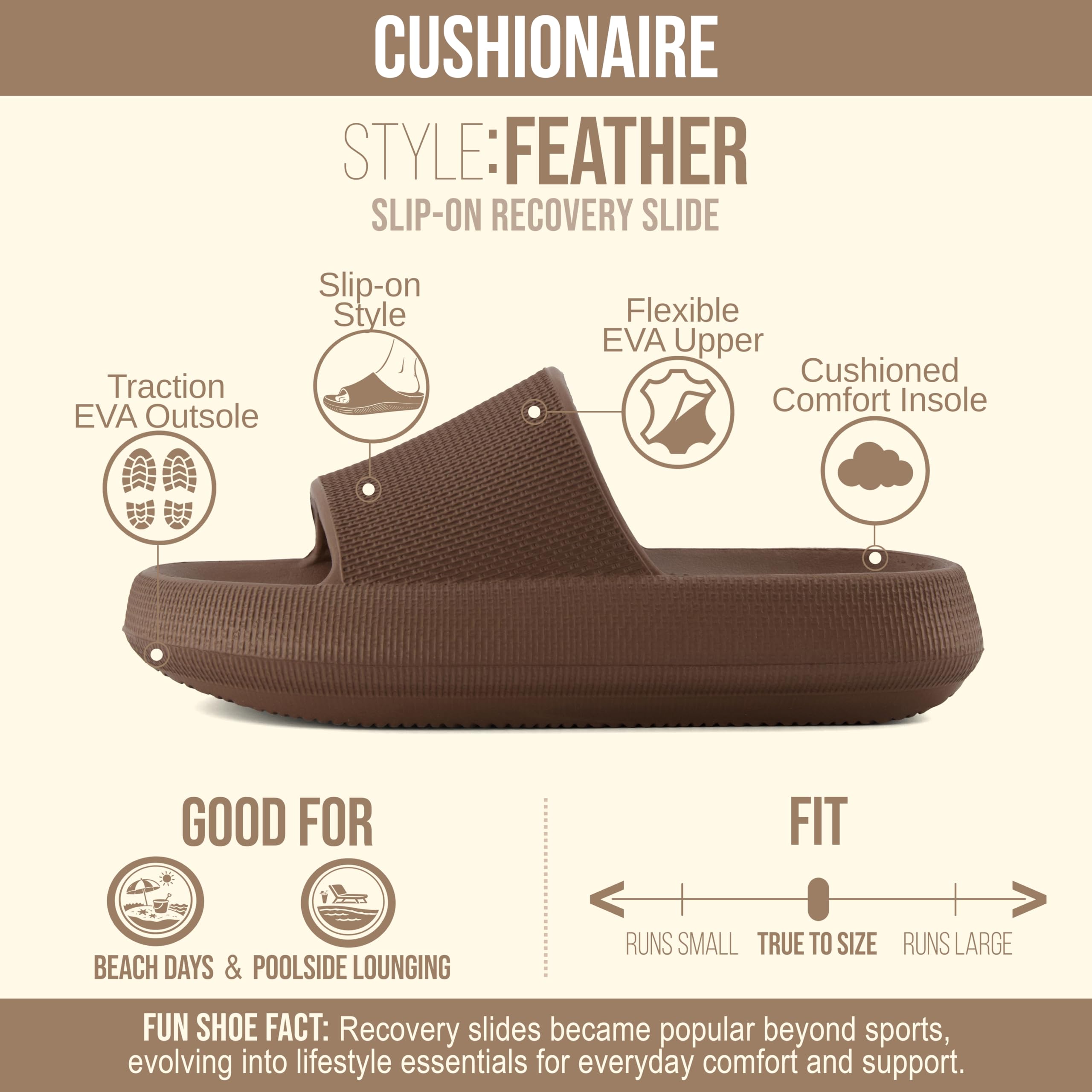 CUSHIONAIRE Feather EVA Slides for Women – Comfortable Slip On Womens Slippers, Indoor Outdoor Shower Shoes, Beach Essential Cloud Slides, Mocha 6