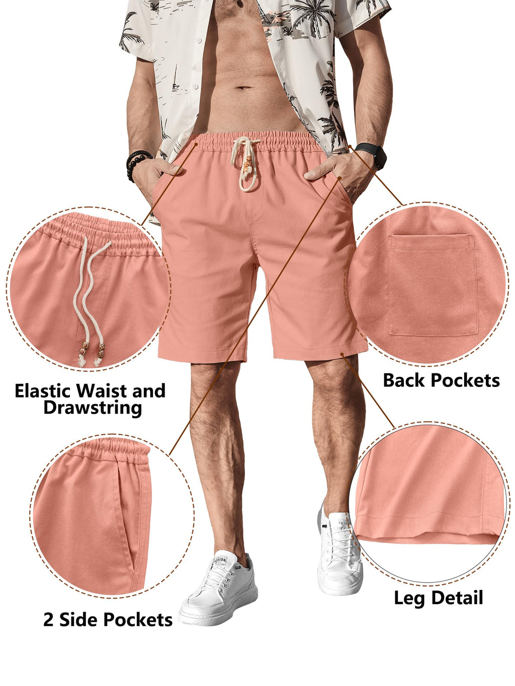 Comdecevis Men's Casual Linen Shorts Elastic Waist Drawstring Summer Beach Shorts, Flamingo, Medium