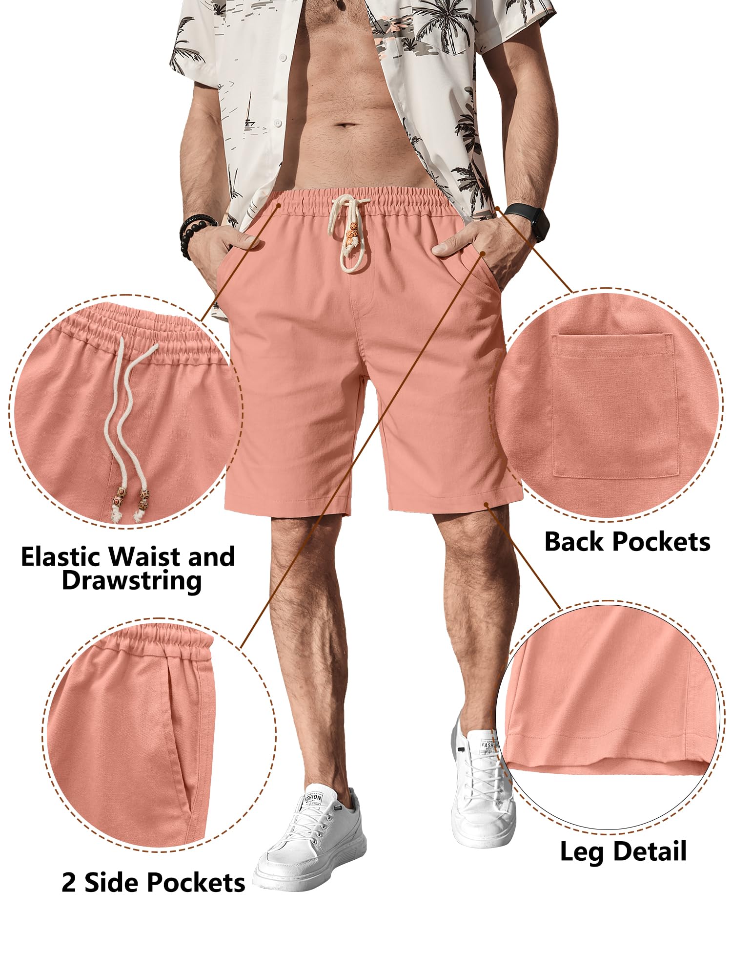Comdecevis Men's Casual Linen Shorts Elastic Waist Drawstring Summer Beach Shorts, Flamingo, Medium