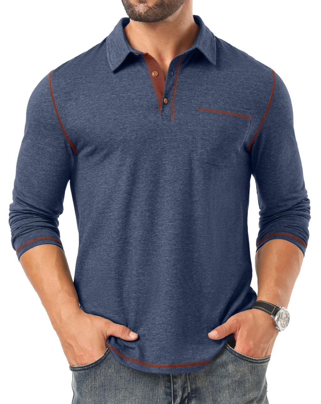 Sailwind Mens Long Sleeve Polo Shirts Cotton Fashion Casual Classic Collared Golf Shirts Navy Blue
