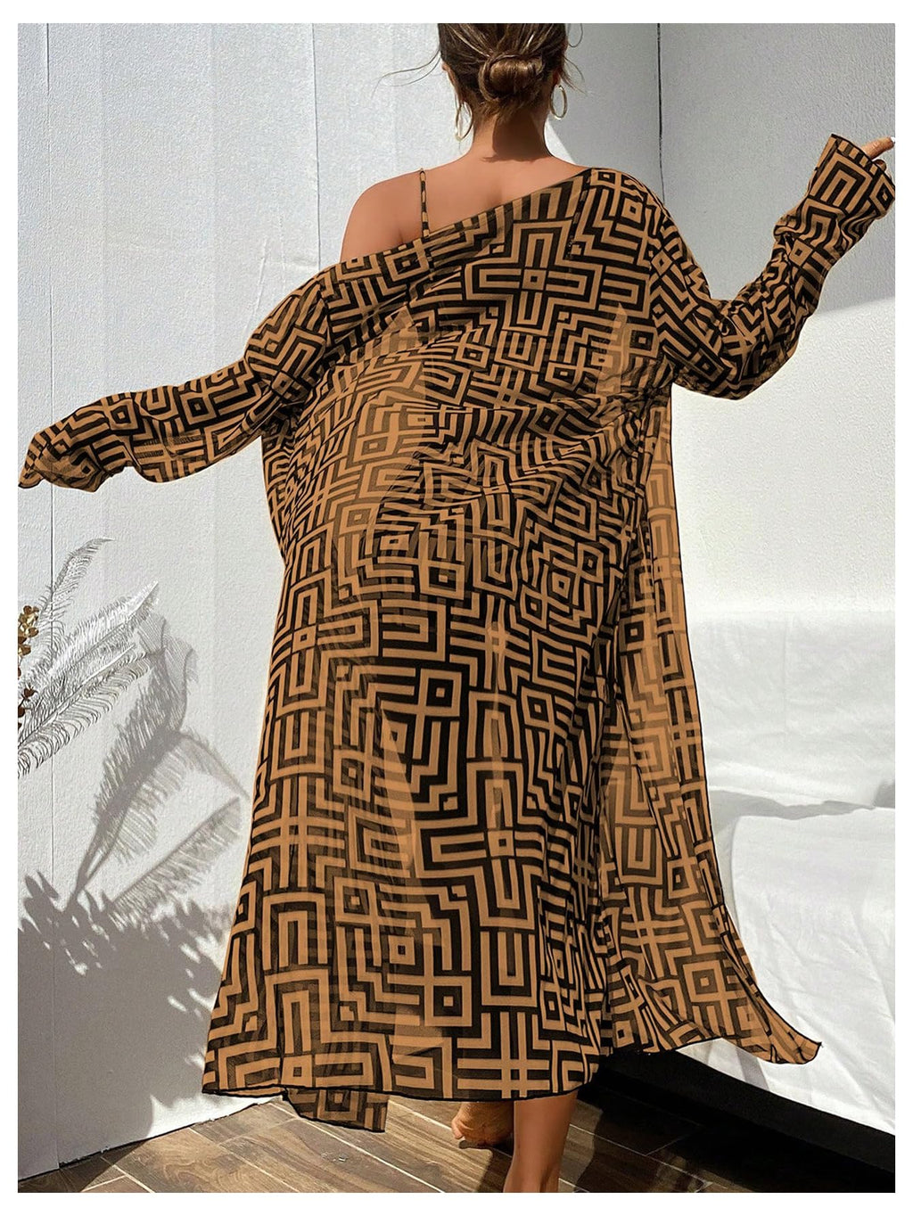WDIRARA Women's 3 Pieces Bikini Set Geo Print Bathing Suit Drawstring Swimsuit with Cover Ups Kimono Brown Boho X-Large