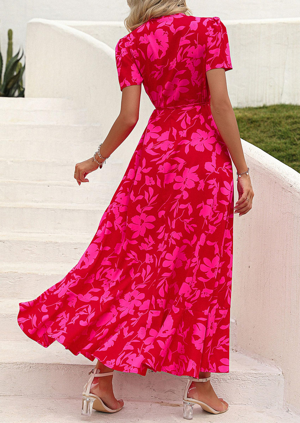 PRETTYGARDEN Women's Summer Wrap Maxi Dress Casual Boho Floral V Neck Short Sleeve Ruffle Hem Split Beach Long Dresses (Red Floral,Large)