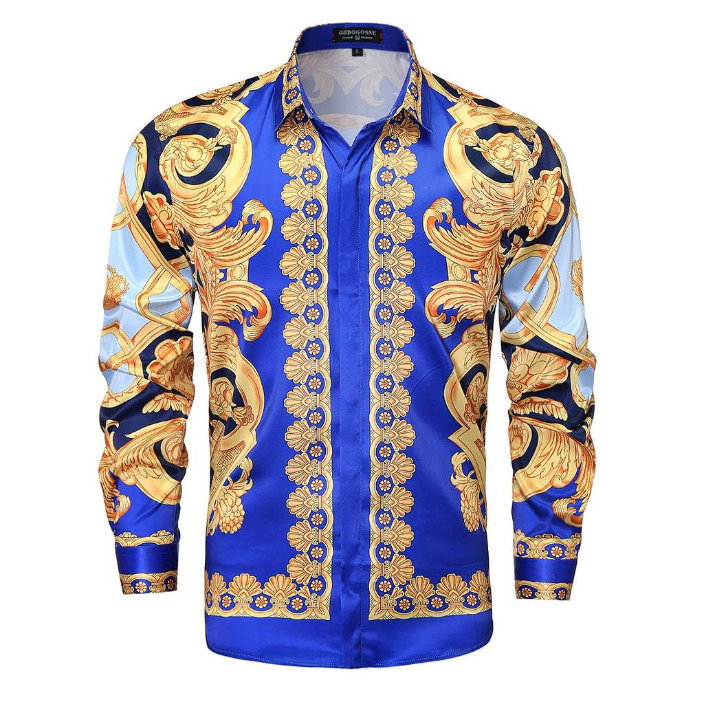 GSBOGOSSE Men Gold Fashion Luxury Printed Satin Long Sleeve Button-Down Shirts Flashy Retro Gorgeous Design Party Gift Shirt