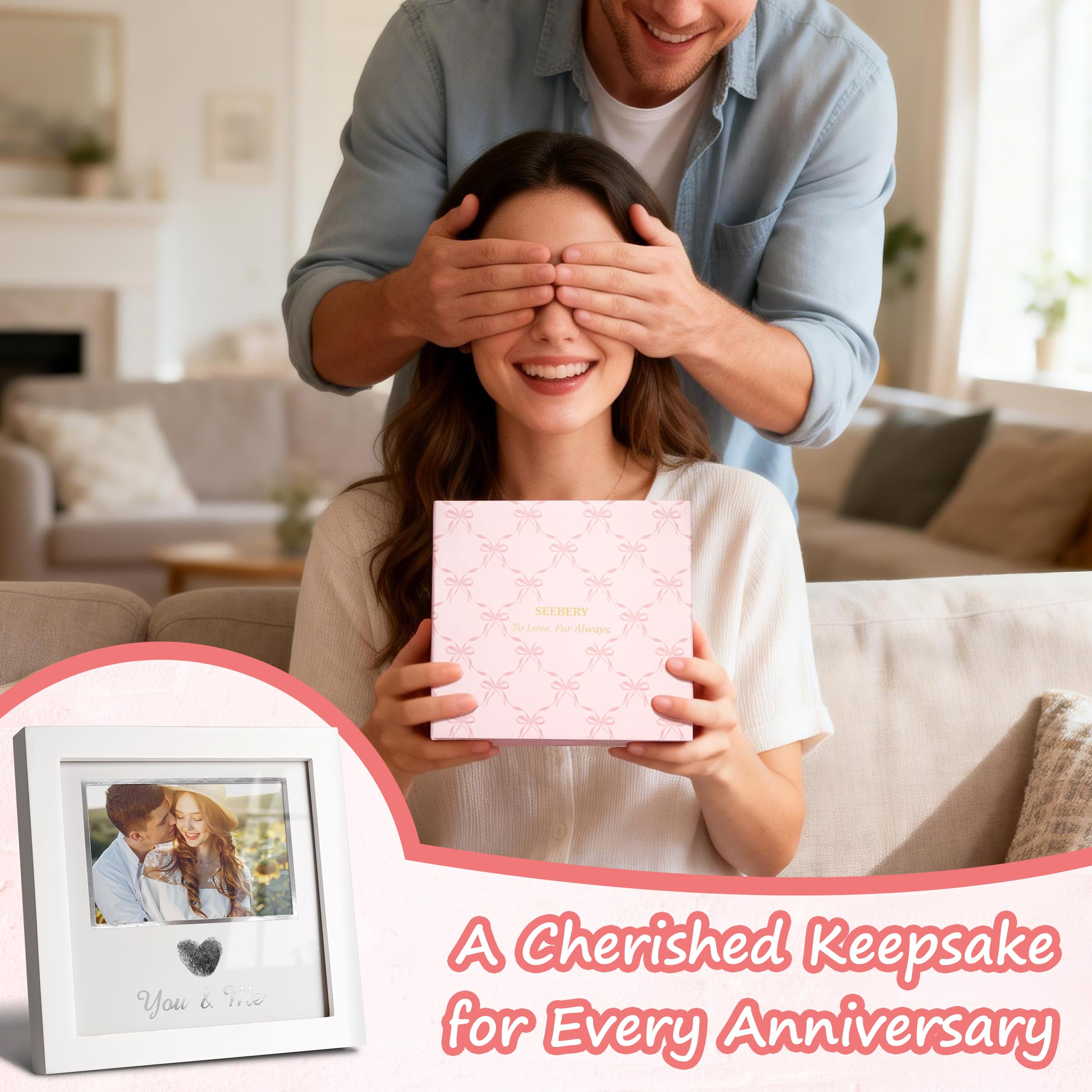 You & Me Thumbprint Picture Frame with Ink Kit, Anniversary Wedding Gifts for Couples, Fingerprint Heart Photo Frame for Wedding, Engagement, Bridal Shower, Wedding Anniversary & Valentine’s Day Gift(White)