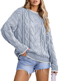 EVALESS Women's Crewneck Cable Knit Sweaters Trendy Long Sleeve Color Block Sweater Tops Fall Pullover Sweaters Winter Clothes Sky Blue Medium