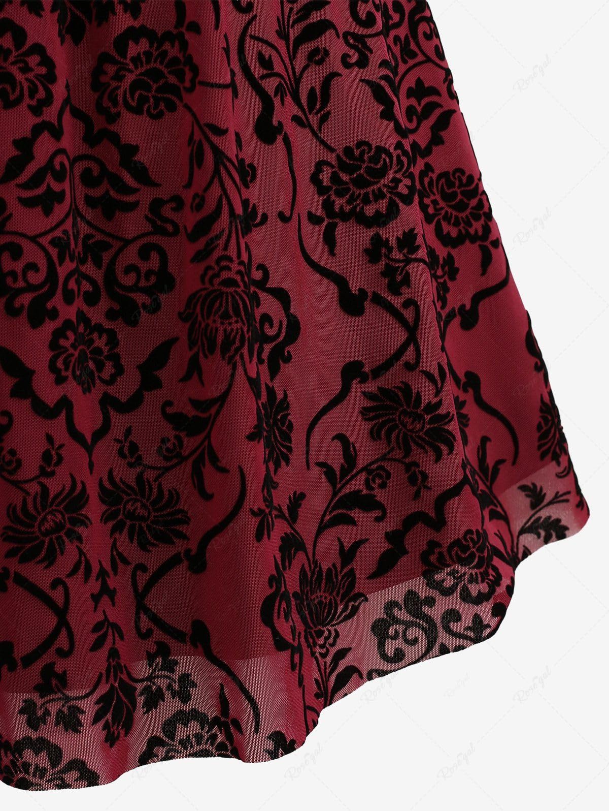 ROSE GAL Rosegal Women Plus Size Gothic Flower Midi Dress Layered Ruched Mesh Backless Vintage Dress Sleeveless Flocking Goth Dress(Red_1/1X)