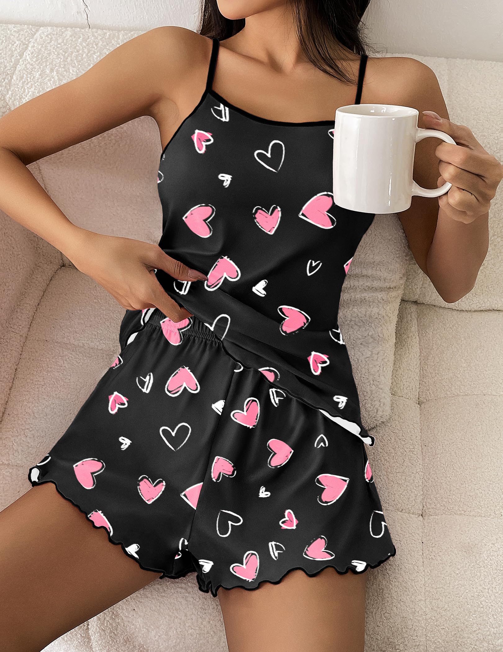 Ekouaer Womens Cami Pajama Sets 2 Piece Cute Print Pjs Soft Tank Top & Elastic Waist Shorts Camisole Lounge Set Pink Heart L
