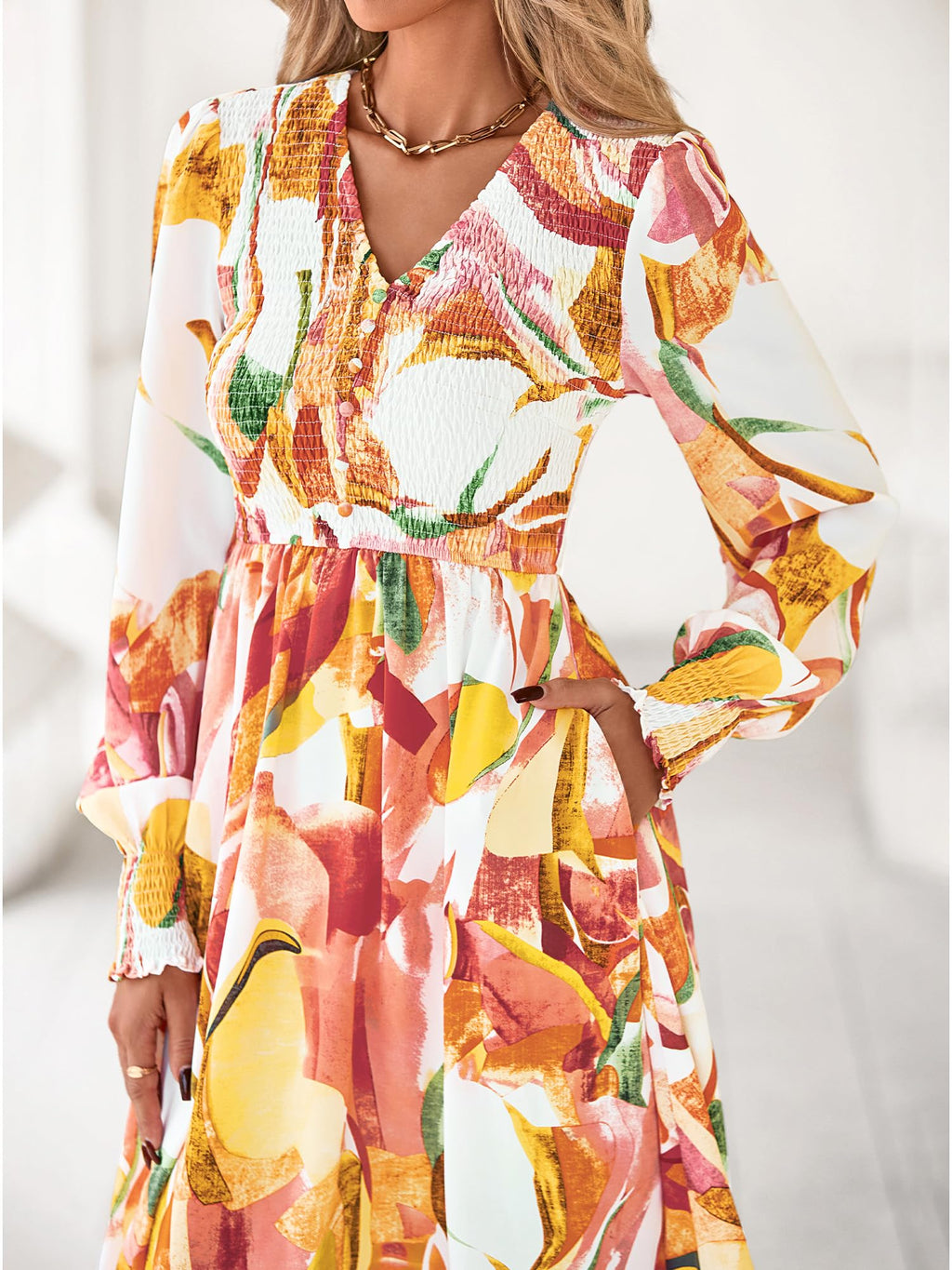 BTFBM Women Fall Wedding Guest Maxi Dresses 2025 Floral V Neck Long Sleeve Boho Long Dress Vacation(Pink Watercolour,Medium)