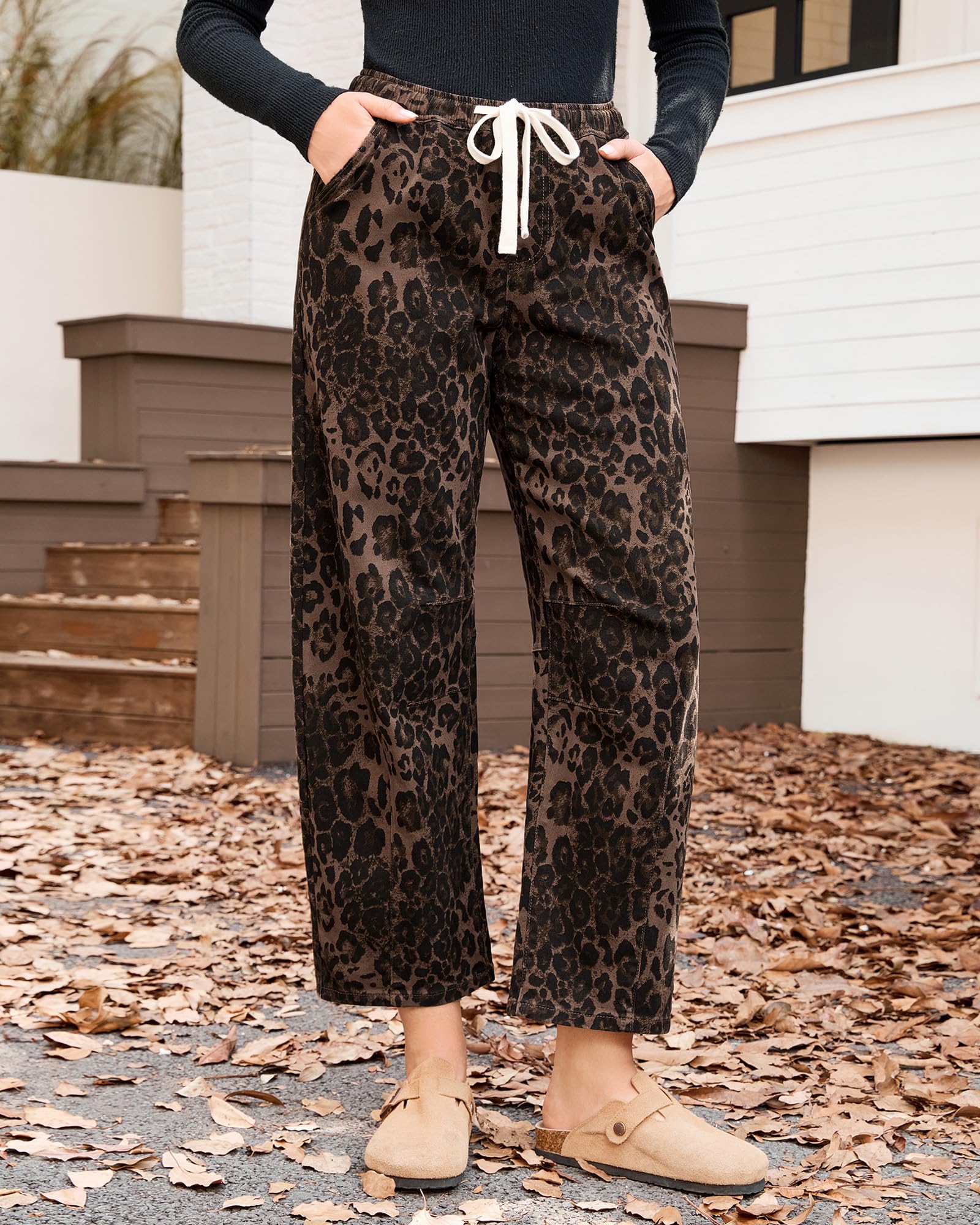 GRAPENT Baggy Jeans for Woman Womens Elastic Waist Jeans Leopard Barrel Womens Cropped Pants Pull on Pants Barrel Ladies Brown Leopard Size X-Large US 16 to 18
