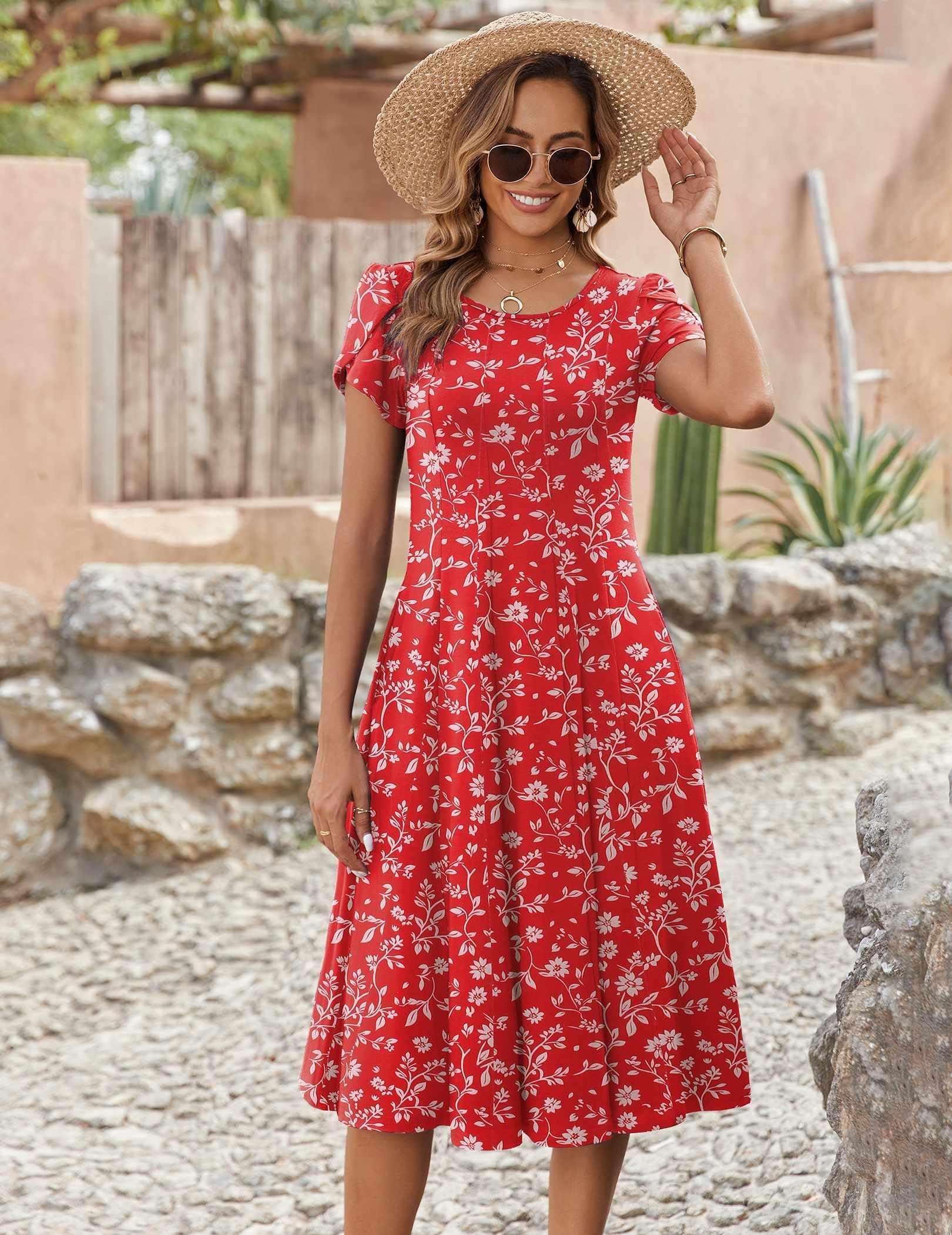 Zeagoo Floral Summer Dress for Women Cotton Shirt Dresses Midi Length Flowy Boho Beach Sundress Vocation Sun Dress, Red Floral,XXL