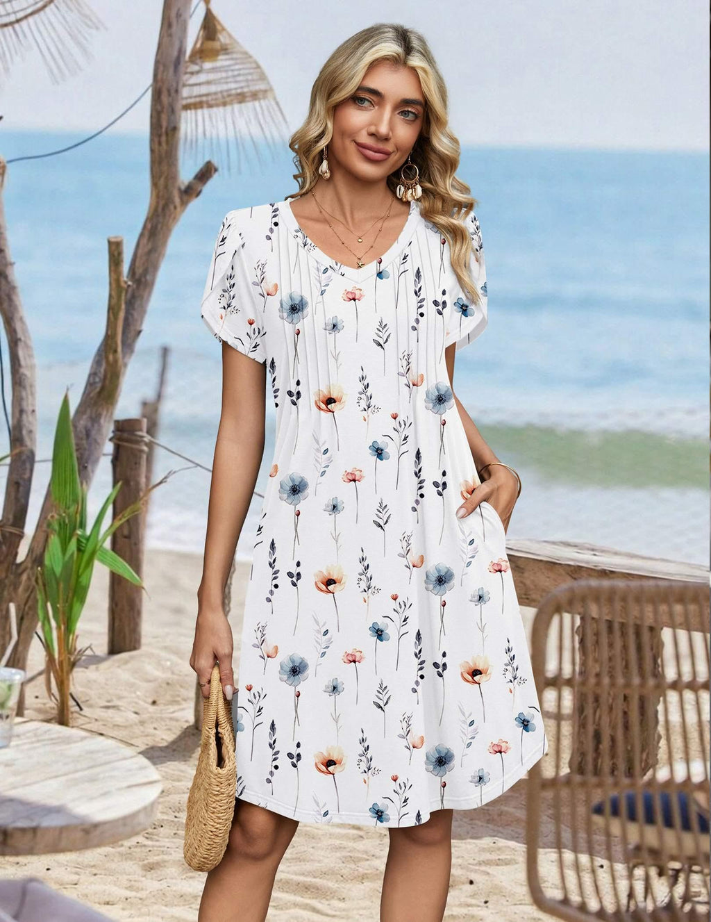 Zeagoo Summer Dresses for Women Floral Dress 2026 Casual Short Dresses Womens Flowy Sundress Spring Dresses Flare, White Floral