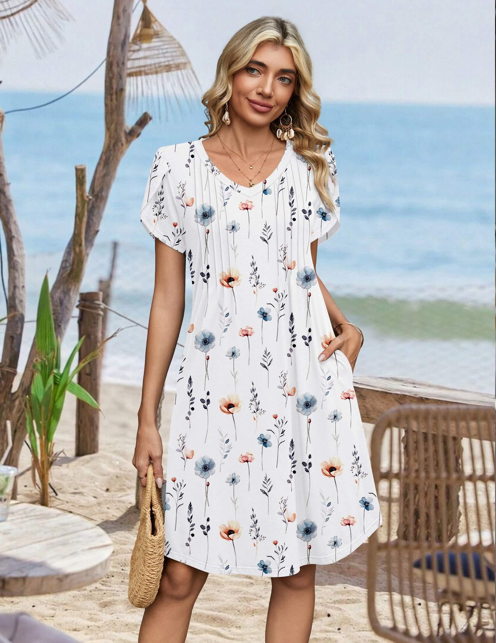 Zeagoo Summer Dresses for Women Floral Dress 2026 Casual Short Dresses Womens Flowy Sundress Spring Dresses Flare, White Floral