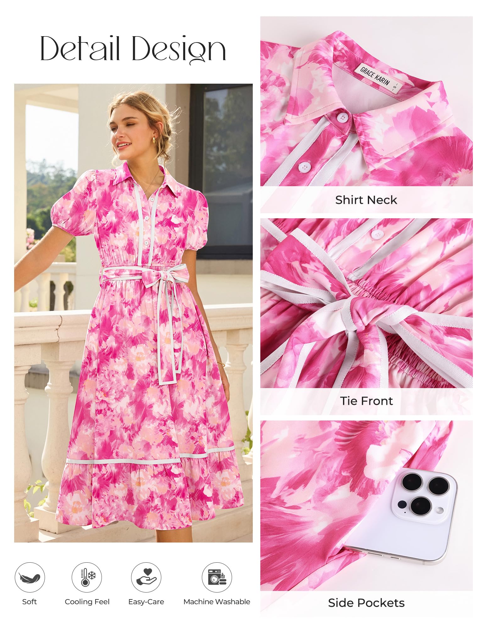 GRACE KARIN Women Summer Floral Maxi Dresses 2026 Wedding Guest Puff Sleeve Shirt Sundresses Boho Spring Clothes with Pockets Rose Floral M
