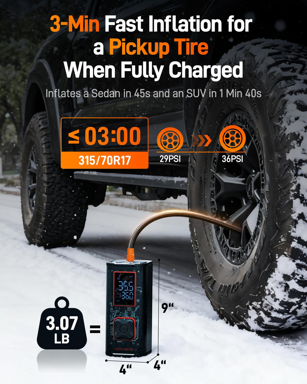 WOLFBOX 150PSI Heavy Duty Tire Inflator Portable Air Compressor,Double- cylinder 45LPM Fast Air Pump for Car Tires,3.5'' LED Display,20'' Hose,Air Compressor for Car,Pickup Truck,Bike