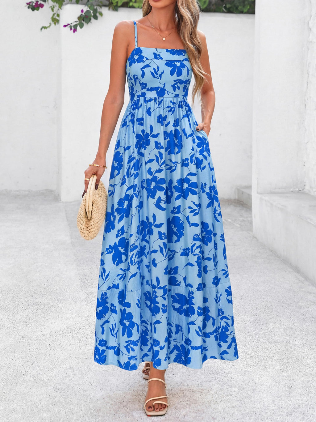 PRETTYGARDEN Women Summer Maxi Dresses 2026 Spaghetti Strap Boho Floral Striped Wedding Guest Beach Vacation Flowy Long Dress(Light Blue Blue Flower,Small)