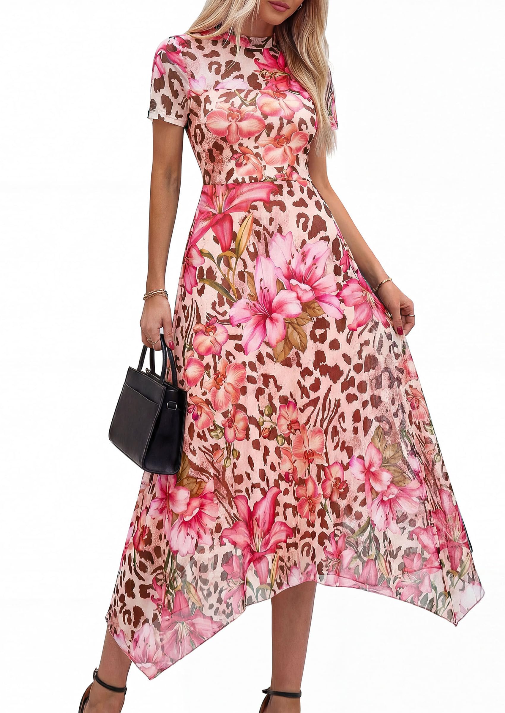 PRETTYGARDEN Cocktail Dresses for Women 2026 Summer Short Sleeve Floral Mesh Sheer Midi Party Wedding Guest Dress (Floral Apricot Leopard,Small)