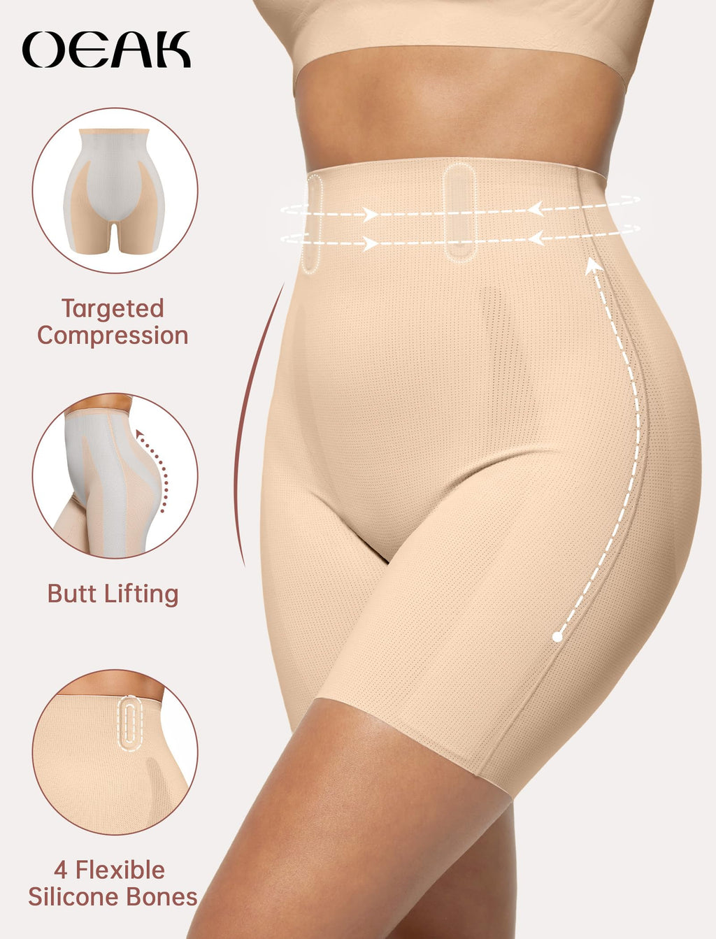 OEAK Tummy Control Shapewear for Women Seamless Girdle High Waisted Body Shaper Underwear Panty Smooth Under Dress Shapewear Nude Shorts M