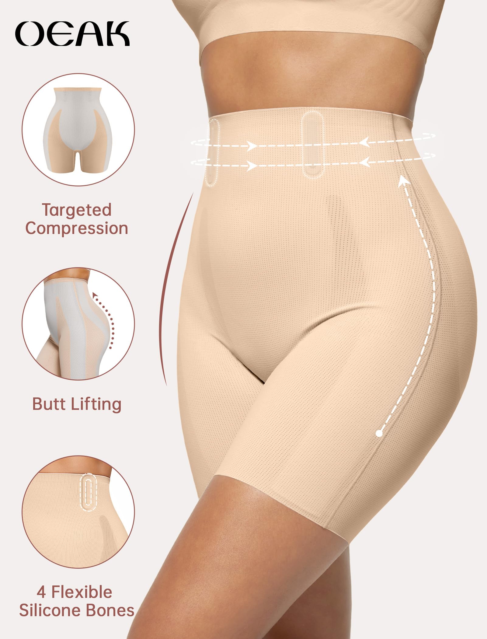 OEAK Tummy Control Shapewear for Women Seamless Girdle High Waisted Body Shaper Underwear Panty Smooth Under Dress Shapewear Nude Shorts M