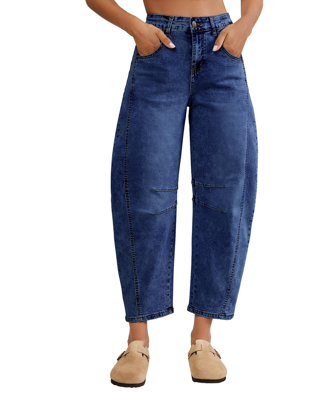 Vetinee High Rise Barrel Relaxed Fit Barrel Jeans for Women 26 Inseam Womens High Waisted Womens Jeans Size 14 Classic Blue Large