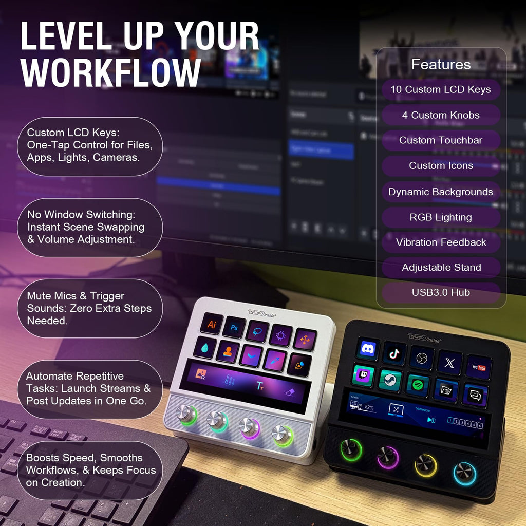 VSDINSIDE Macro Pad, Streaming Deck Stream Controller Soundboard Keypad, Programmable Keys USB Shortcut Keyboard for Gamer Streamer, Audio Mixer for OBS, YouTube, Office Desk Setup, PC, Mac