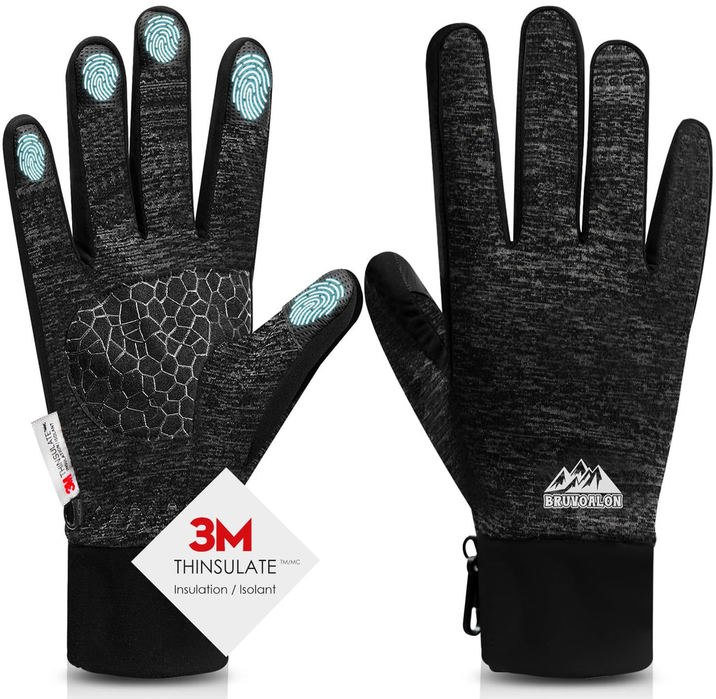 Bruvoalon Winter Gloves for Women & Men, 3M Thermal Insulation, Lycra Fabric, Touchscreen, Anti-Slip, Black/Gray, L