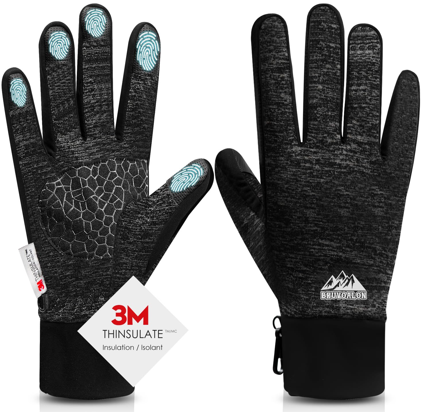 Bruvoalon Winter Gloves for Women & Men, 3M Thermal Insulation, Lycra Fabric, Touchscreen, Anti-Slip, Black/Gray, L