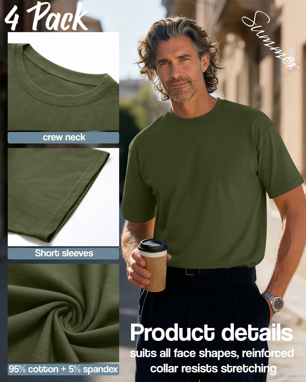Neer 4 Pack Men's Big and Tall Shirts Summer Cotton Short Sleeve Tee Crew Neck Casual Top Basic Oversize T Shirts(Black, Army Green, Light Gray, Beige,4X-Large)