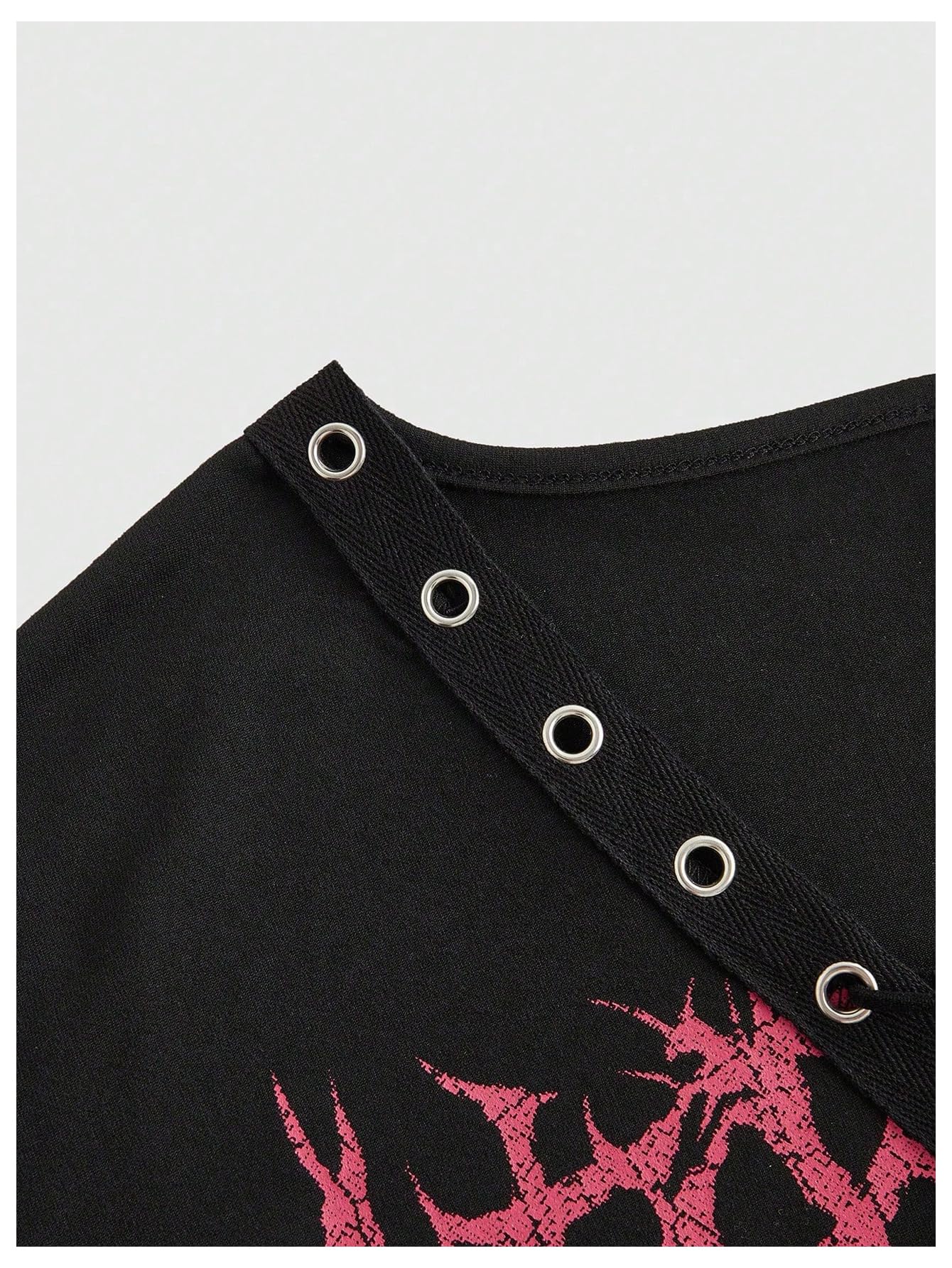 SOLY HUX Women's Y2k Gothic Graphic Bodycon Mini Dress Short Sleeve Deep V Neck Lace Up Punk Party T Shirt Dresses Black Skull Medium