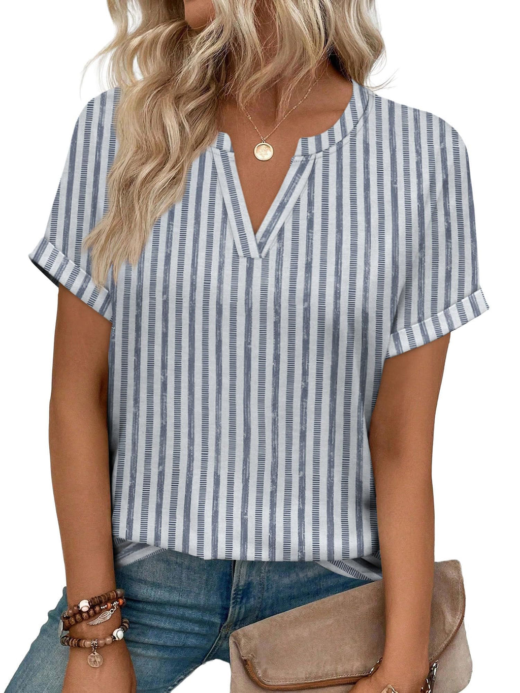 WIHOLL Womens Boho Tops 2026 Summer Short Sleeve Tshirts Shirts Spring Dressy Casual Blouses Airport Trendy Outfits L Blue Stripe