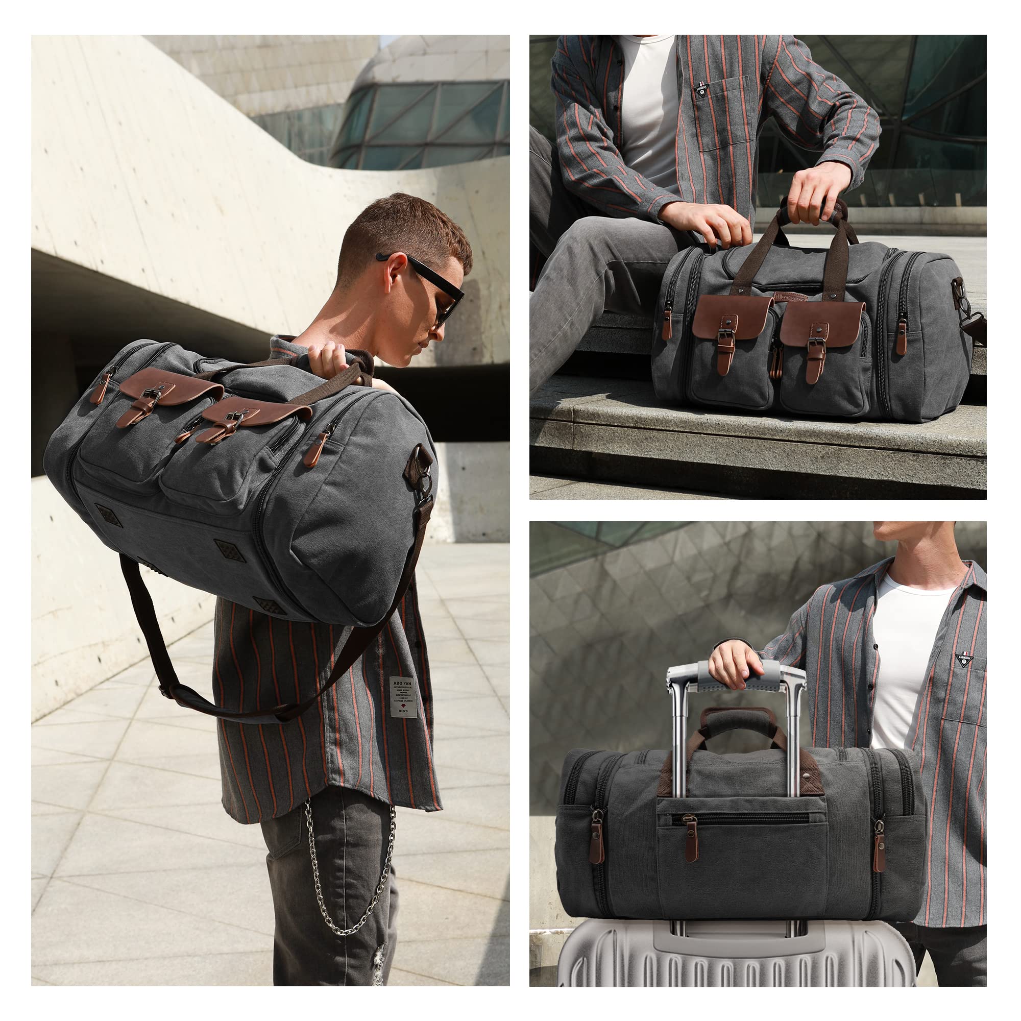 Wildroad 50L Travel Duffel Bag, Expandable Canvas Genuine Leather Duffle Bag Upgraded Overnight Weekender Carry on Bag