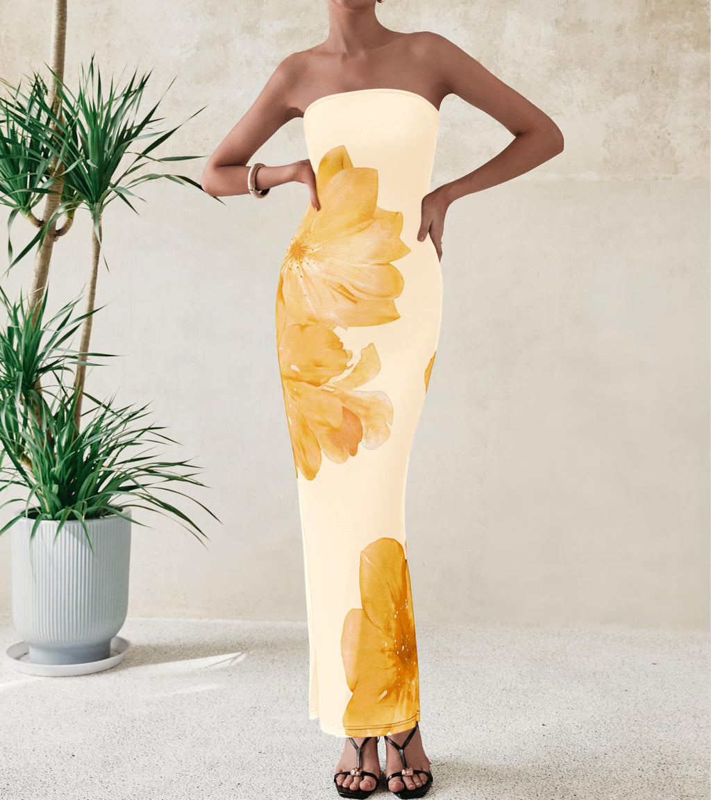 PRETTYGARDEN Women Summer Strapless Maxi Dress Bodycon Floral Sexy Long Wedding Guest Dress Formal Tube Mesh Cocktail Dresses(Yellow Flower,X-Small)