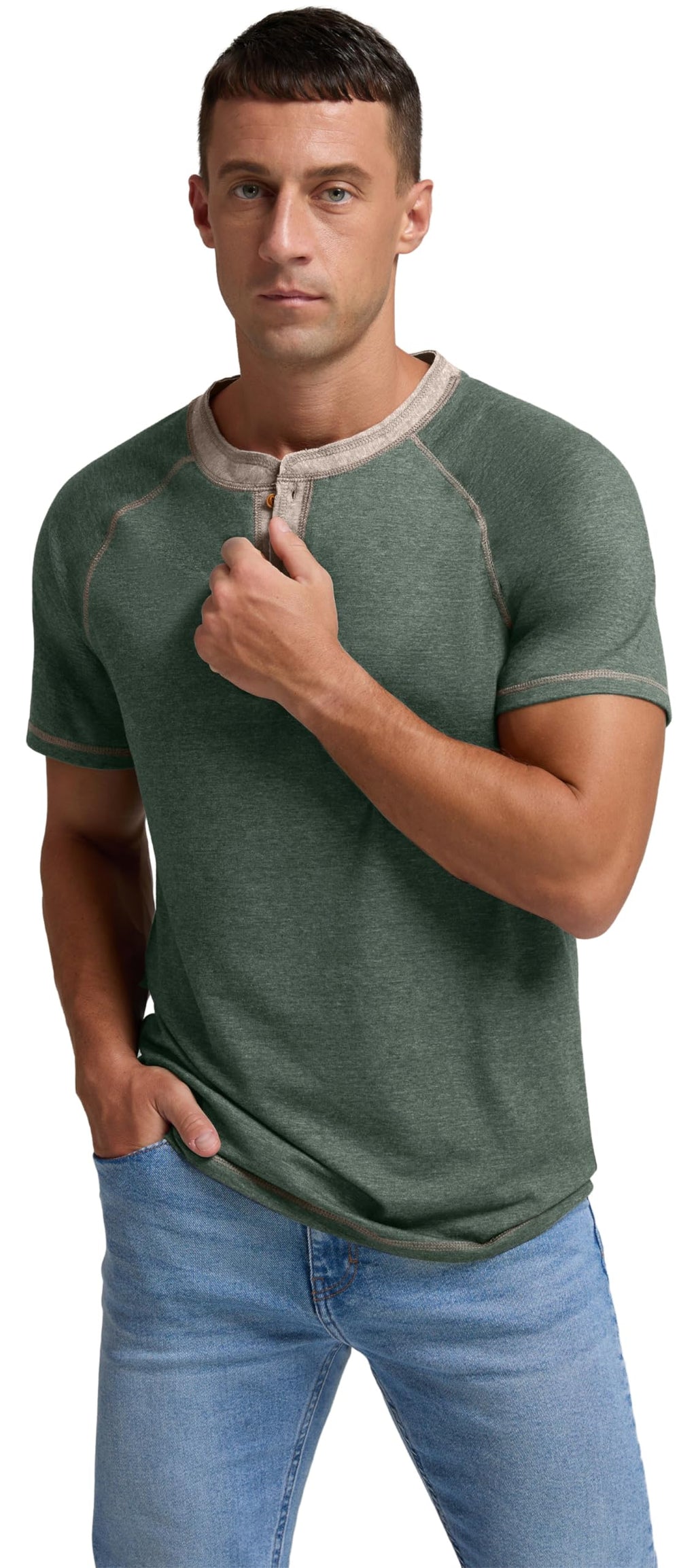Sailwind Mens Henley Short Sleeve T-Shirt Cotton Casual Shirt Green