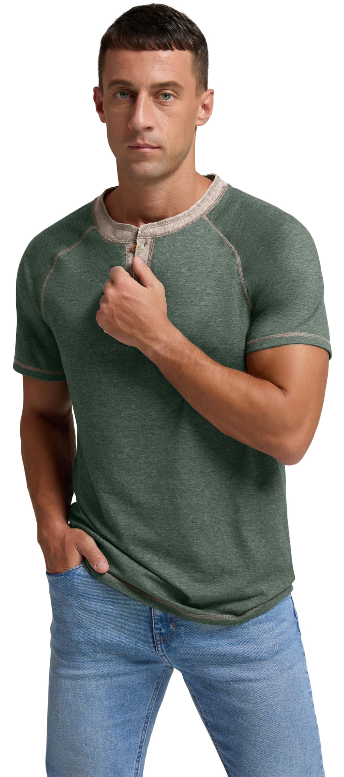 Sailwind Mens Henley Short Sleeve T-Shirt Cotton Casual Shirt Green