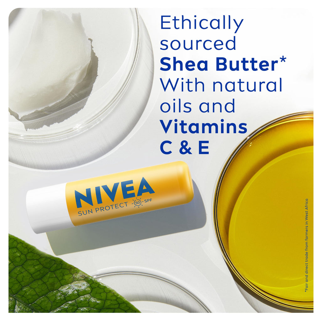 NIVEA SUN Protect Caring Lip Balm SPF50 (4.8g), Factor 50 Balm with Shea Butter, Protection Against UVA/UVB Rays with 24H Moisture, Lip Care, No White Cast