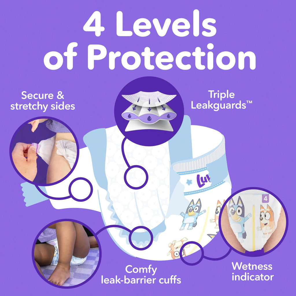 Luvs Size 4 Baby Diapers, Platinum Protection Bluey Diapers for Day & Night, Size 4, 144 Count (Packaging May Vary)