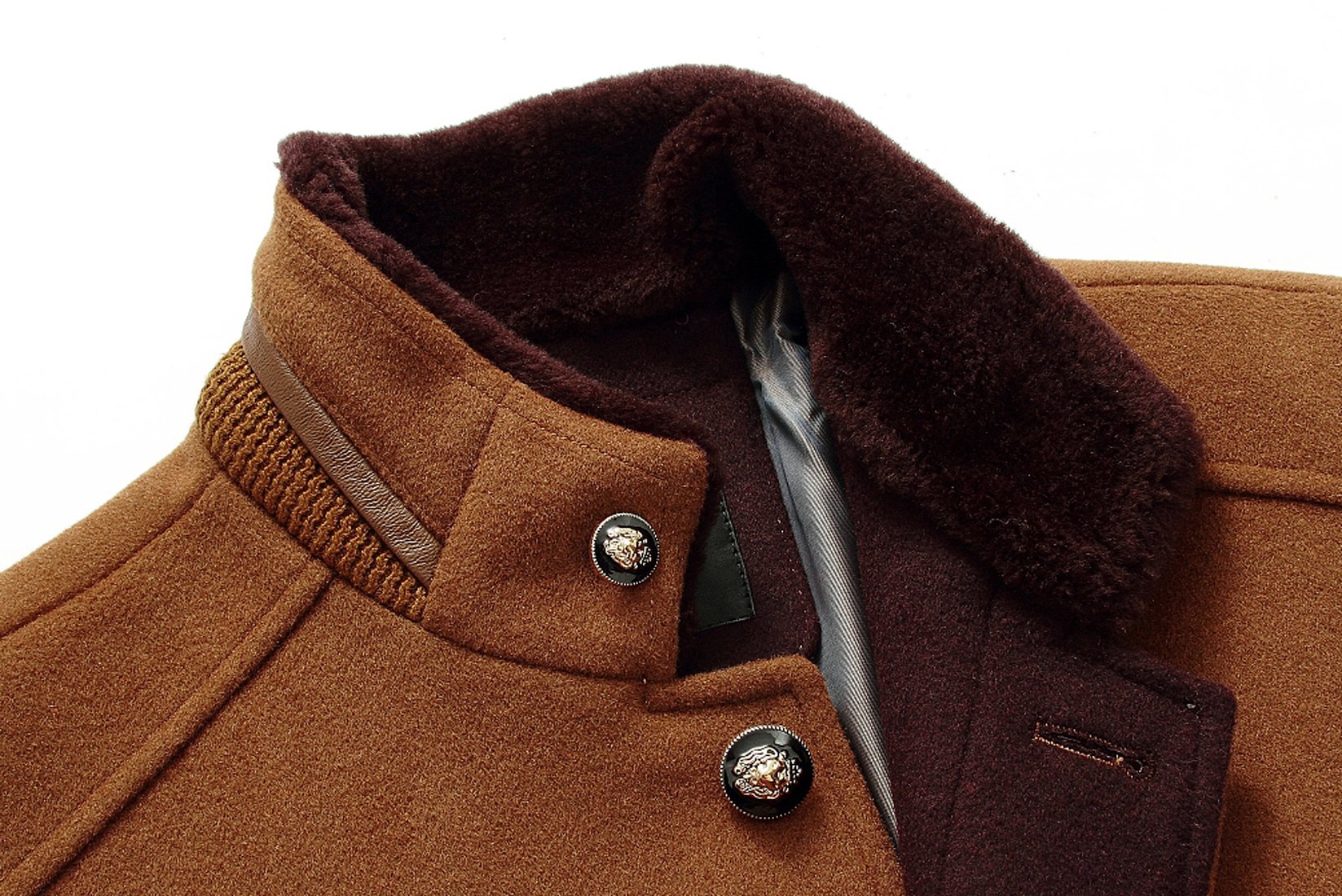 chouyatou Men's Gentle Band Collar Single Breasted Wool Blend Pea Coat (10Brown, Small)