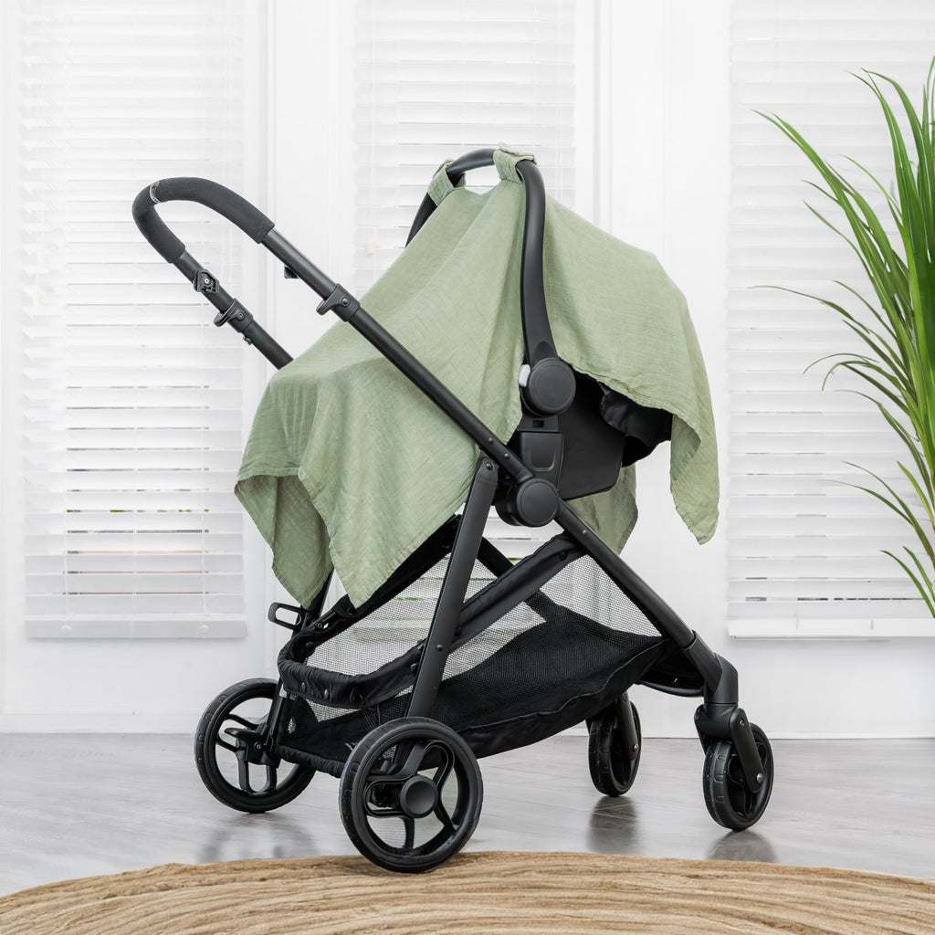 Comfy Cubs Baby Car Seat Cover - Soft, Breathable Bamboo Rayon and Muslin Cotton Blend - Lightweight Canopy for Sun, Bug, and Comfort Protection - Large Size Infant Seat Cover in Sage Design